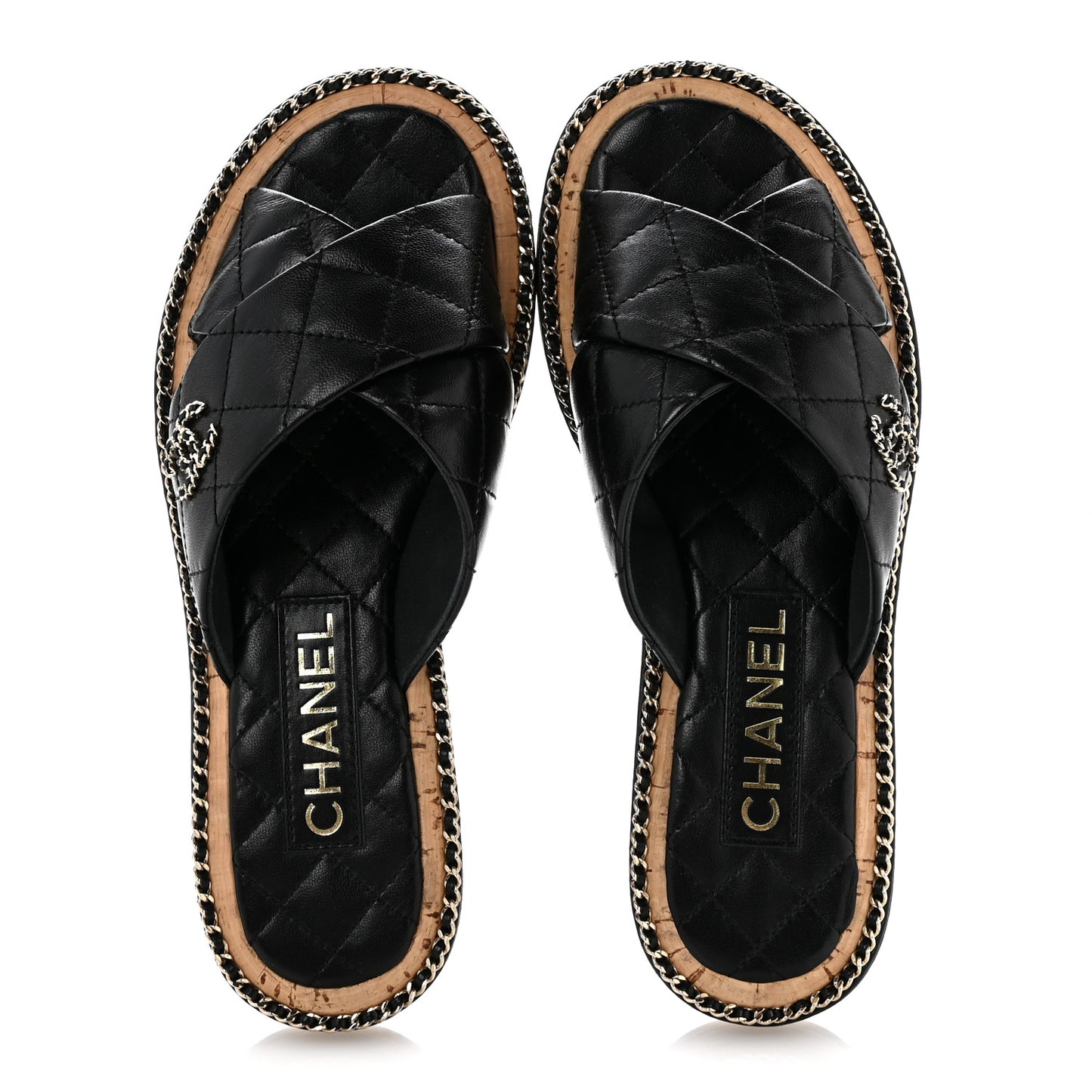 Lambskin Quilted Chain CC Sandals 36 Black