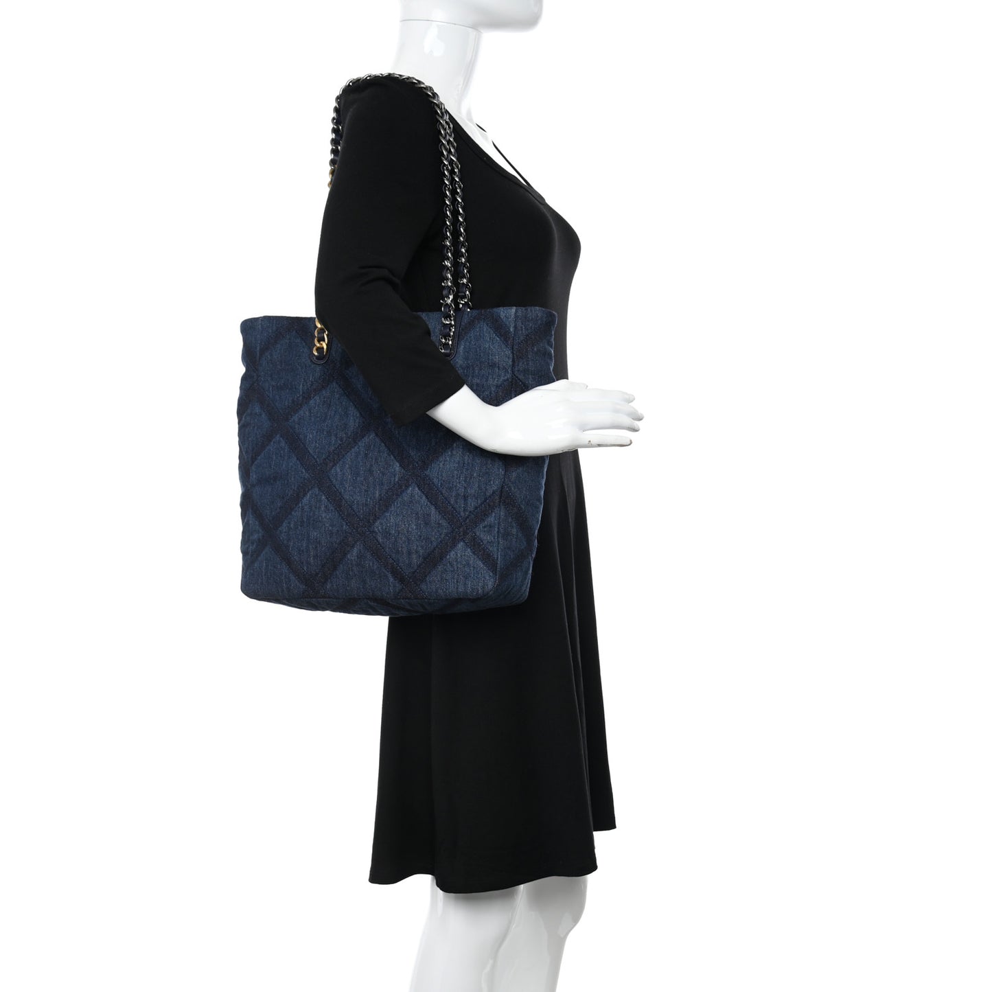Denim Quilted Chanel 19 North South Shopping Bag Blue