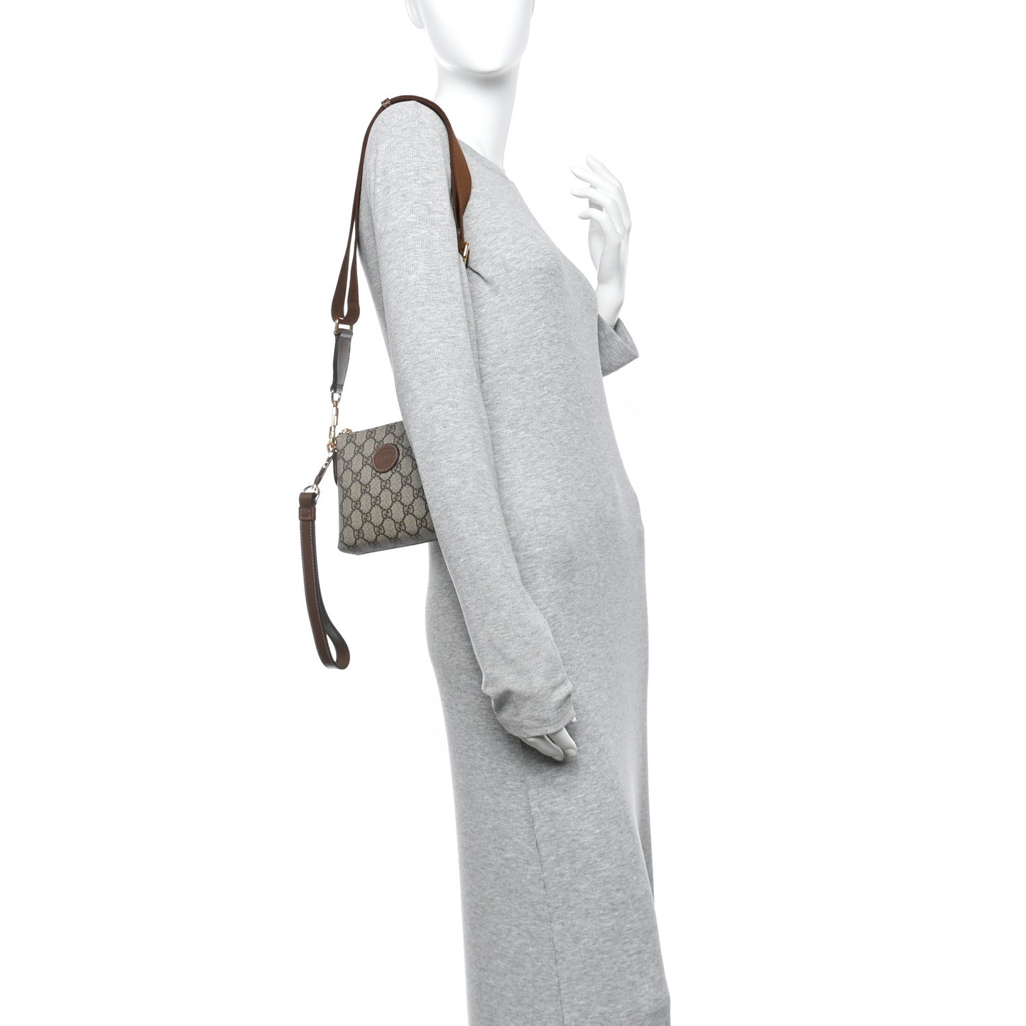 GG Supreme Monogram Azalea Calfskin Small Retro Interlocking G Wristlet Messenger Bag Beige Ebony Brown Sugar