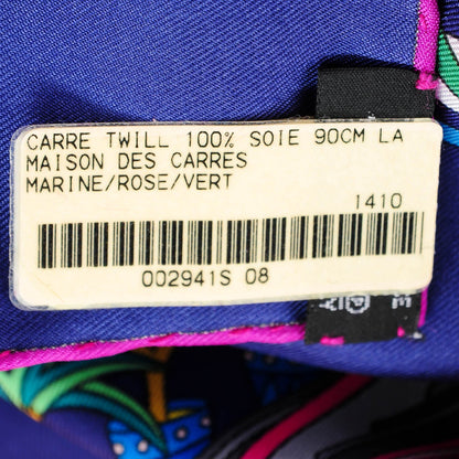 Hermes Silk La Maizeon Des Carres 90 Scarf Bleu Azur Marine Rose Indien 8 of 8