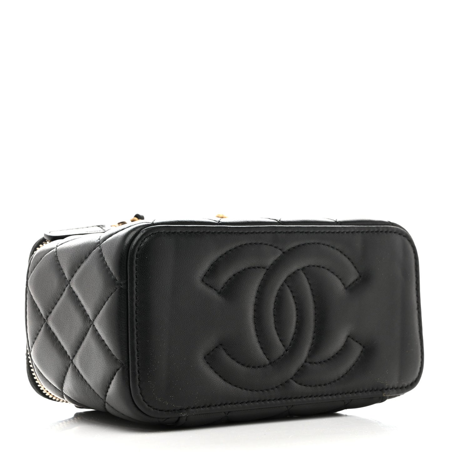 Lambskin Quilted Pearl Crush Small Vanity Case With Chain Black