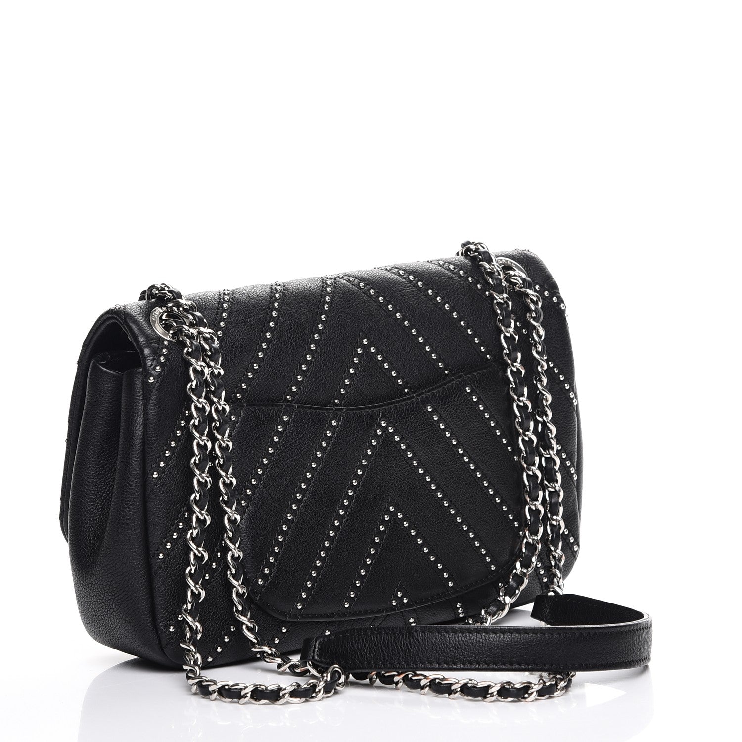Chanel Calfskin Studded Chevron Quilted Wars Flap Black 3 of 8