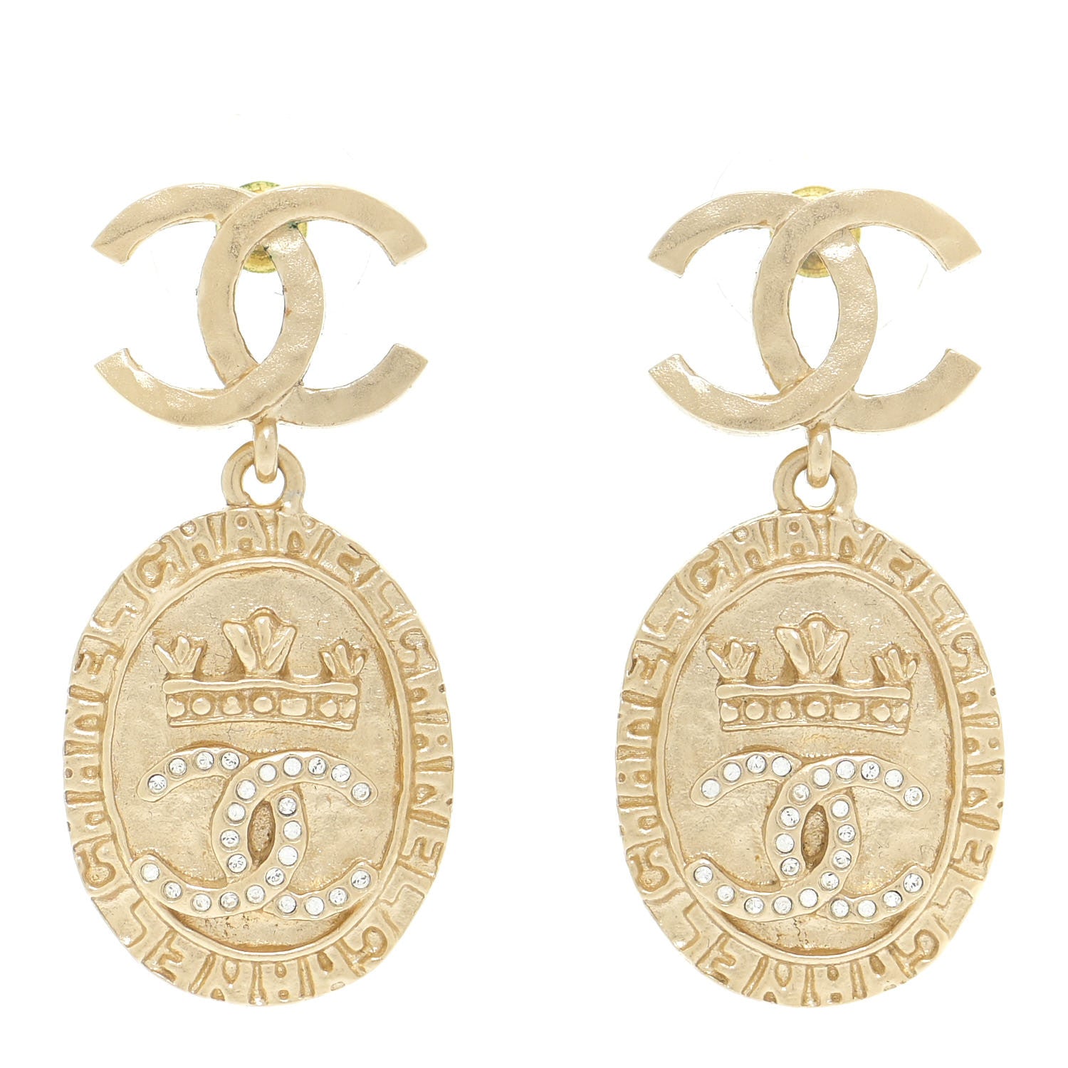 Chanel Crystal CC Medallion Drop Earrings Gold 1 of 5
