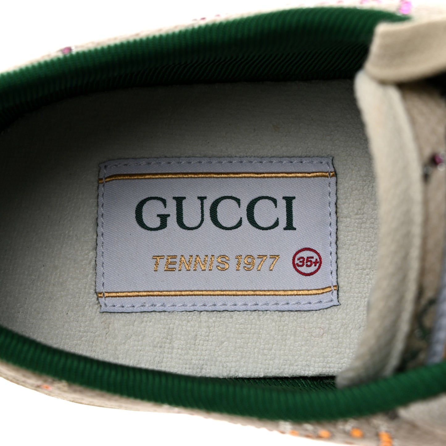 Canvas Lame Crystal GG Monogram Womens 1977 Tennis Sneakers 35.5 Gardenia Silver Mystic White