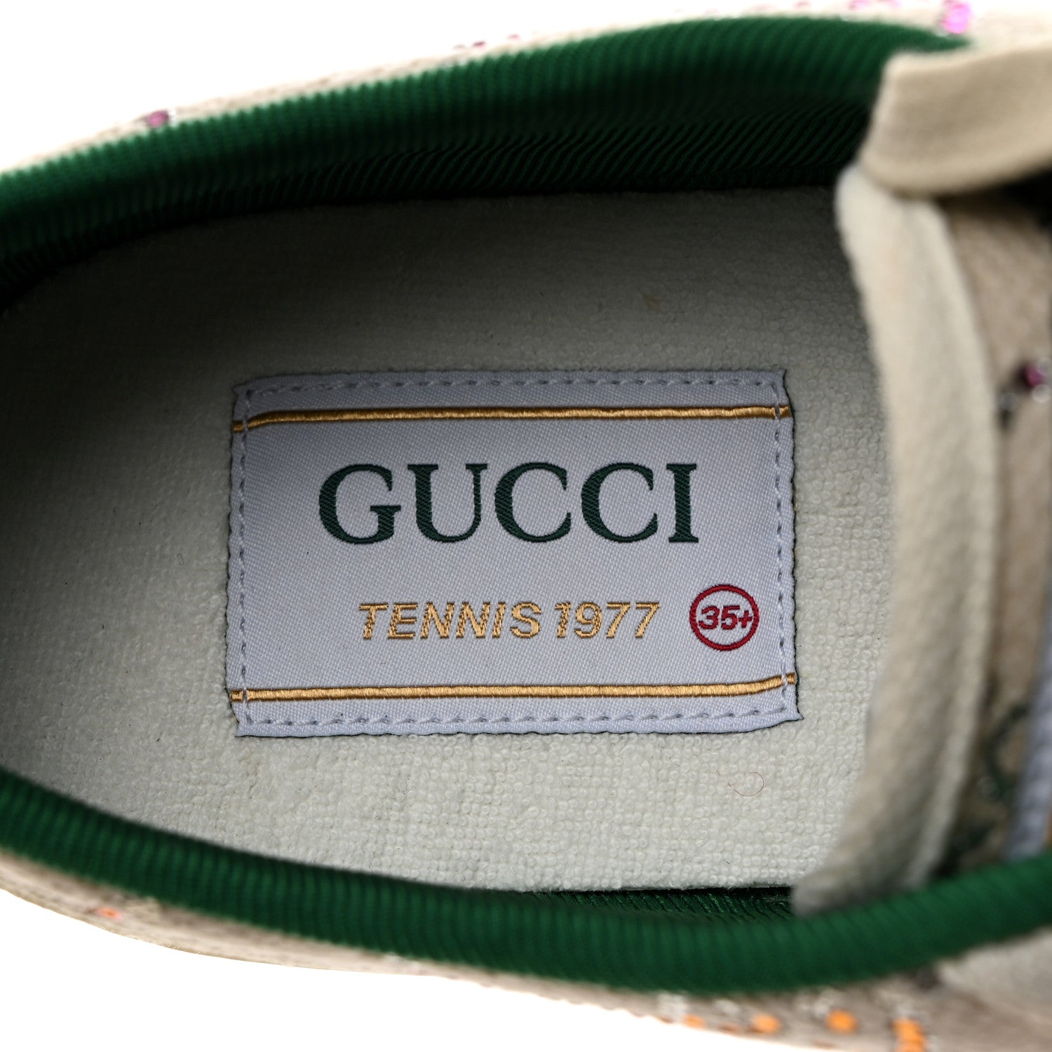Gucci Canvas Lame Crystal GG Monogram Womens 1977 Tennis Sneakers 35.5 Gardenia Silver Mystic White 6 of 8