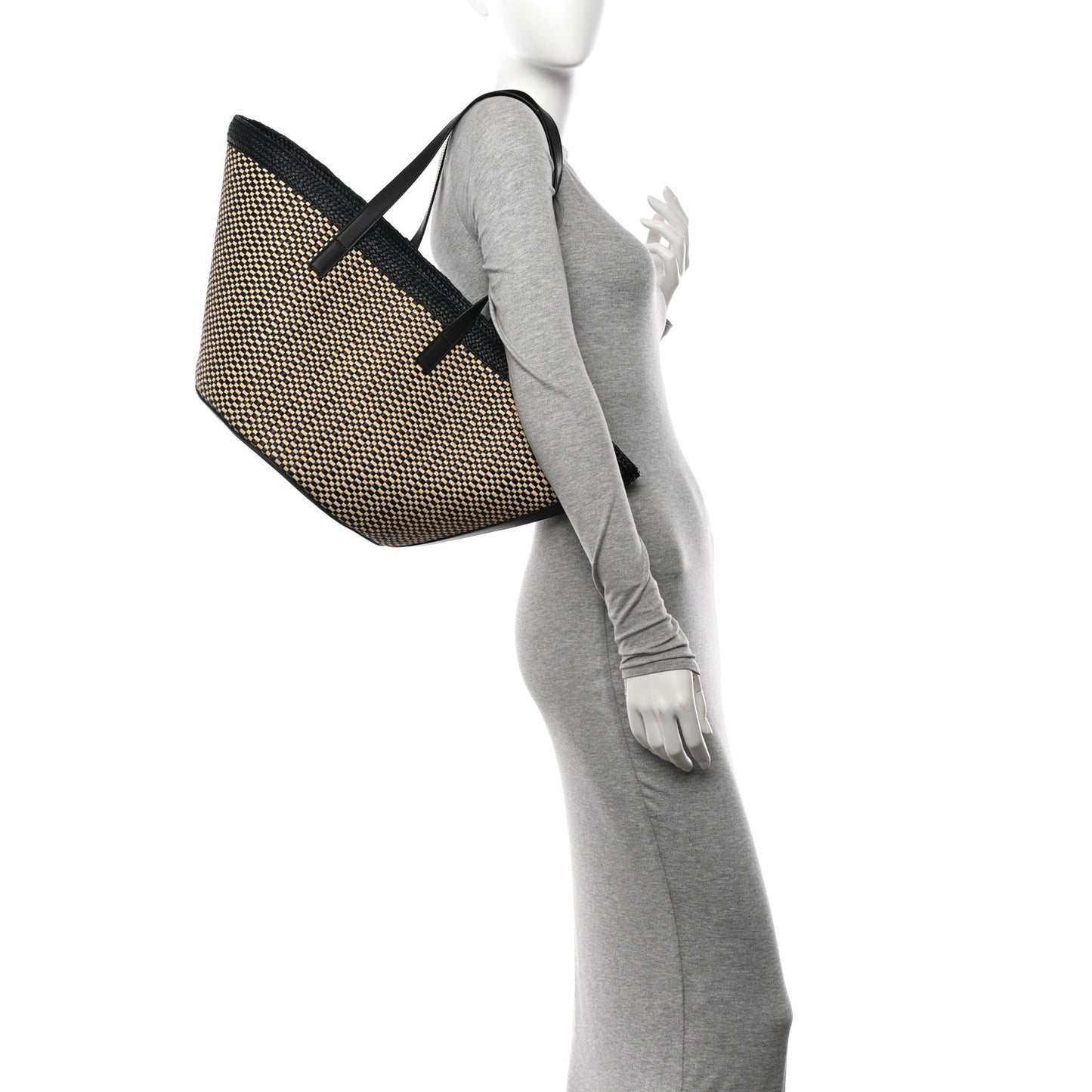 Raffia Calfskin Medium Panier Tote Black Naturale