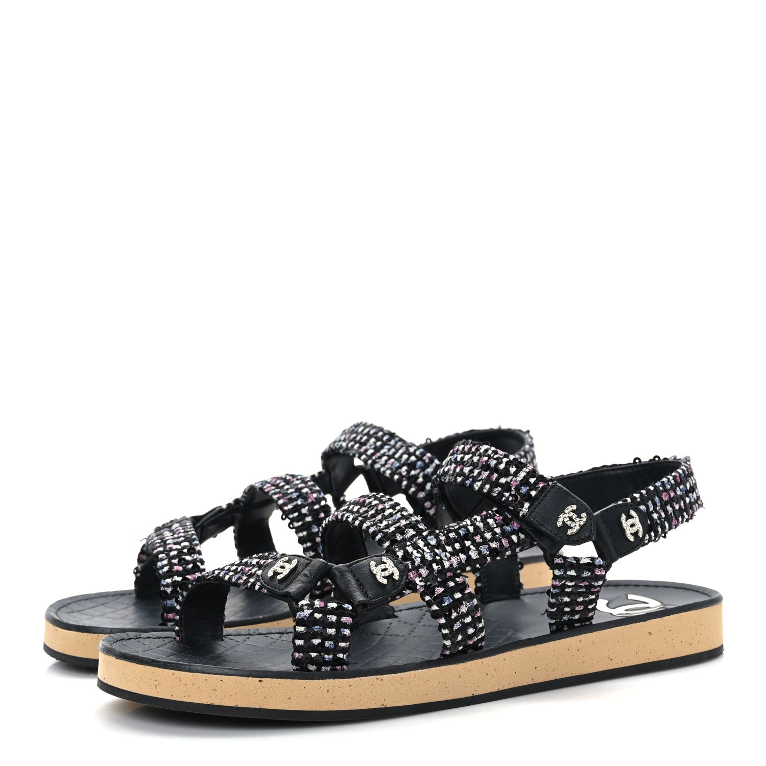 Chanel Tweed Lambskin Crystal CC Sandals 40 Black Multicolor 3 of 7