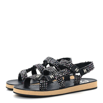 Chanel Tweed Lambskin Crystal CC Sandals 40 Black Multicolor 3 of 7