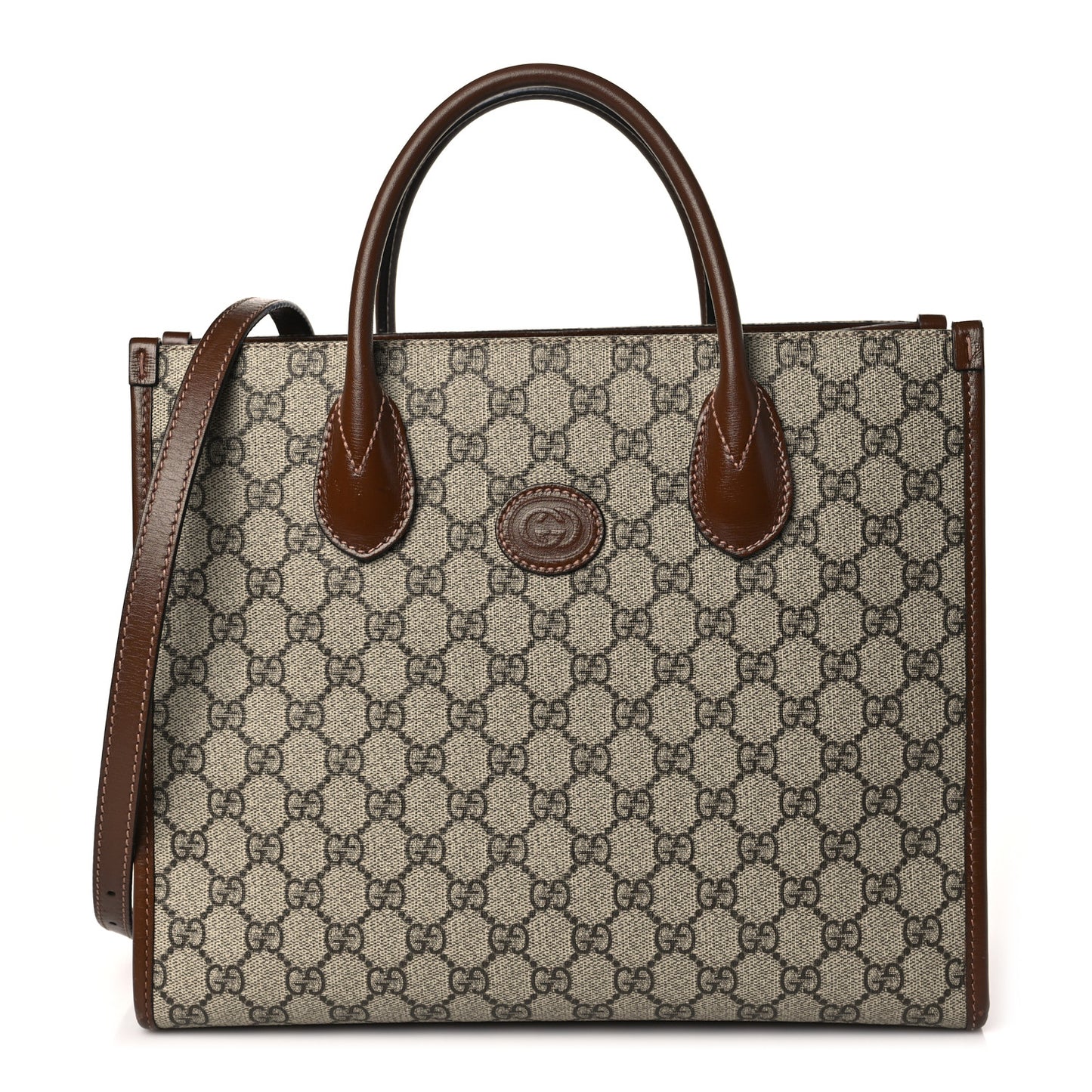GG Supreme Monogram Azalea Calfskin Small Retro Interlocking G Tote Bag Beige Ebony Brown Sugar