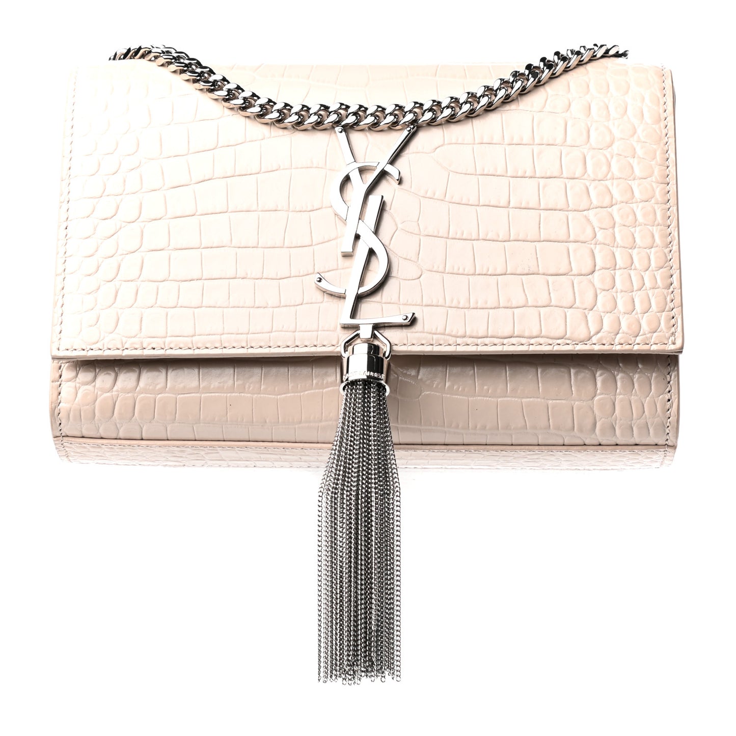 Calfskin Crocodile Embossed Small Classic Monogram Kate Tassel Satchel Rose Antic