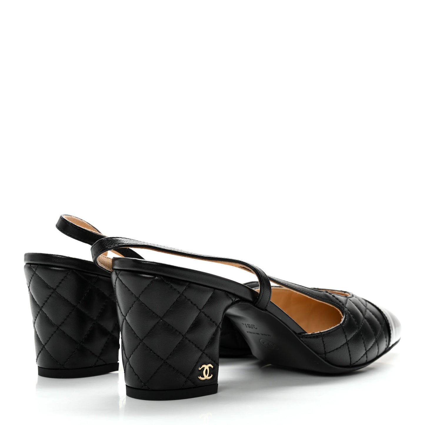 Lambskin Patent Calfskin Quilted Cap Toe CC Slingback Pumps 39.5 Black