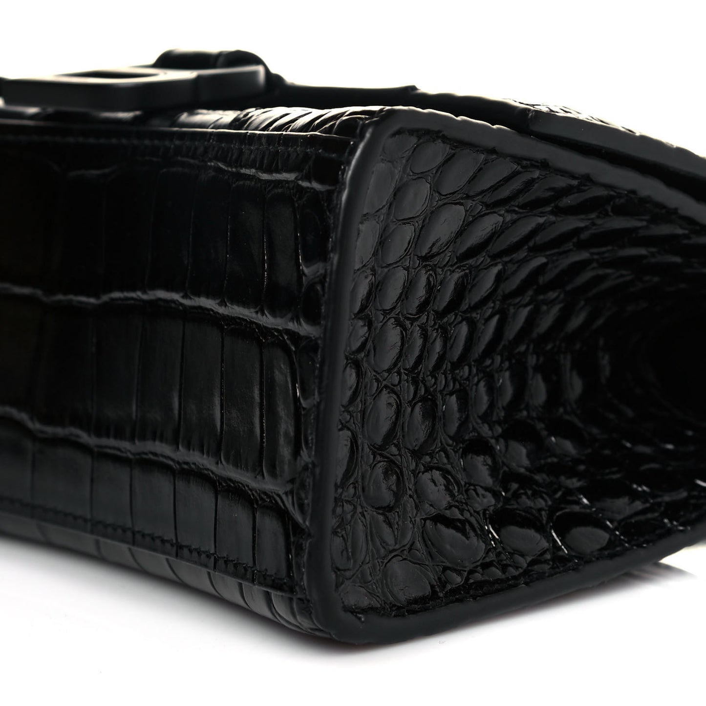 Shiny Calfskin Monochrome Crocodile Embossed Hourglass Top Handle Bag XS Black