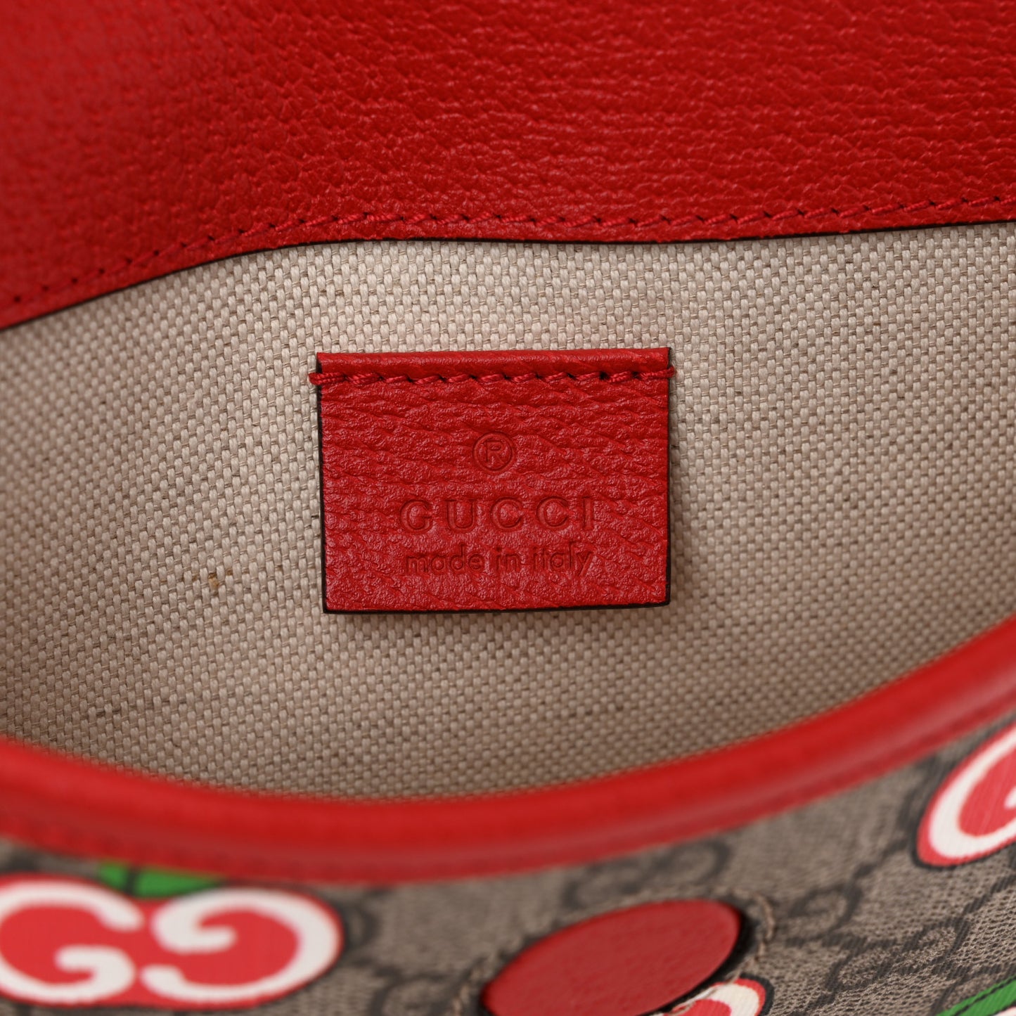 GG Supreme Monogram Apple Interlocking G Belt Bag Beige Multicolor Lobster Red