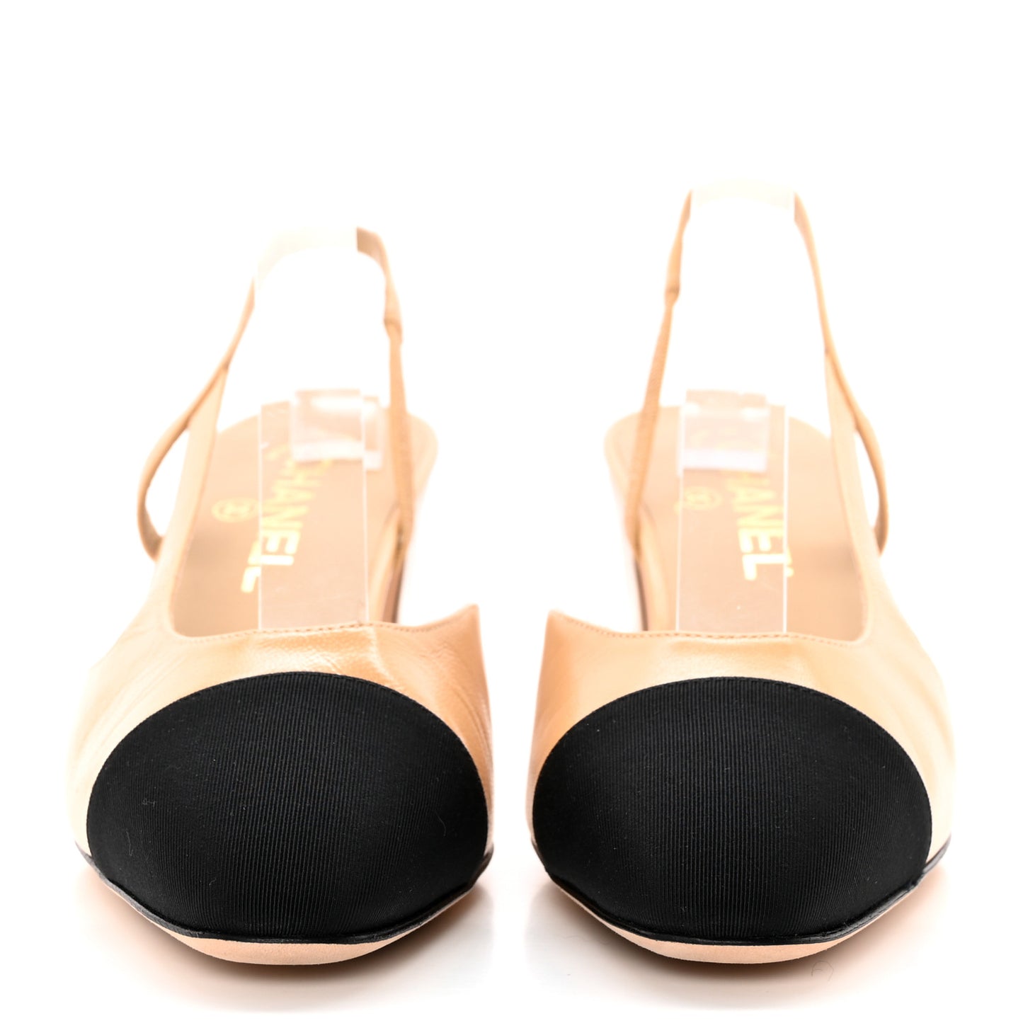 Goatskin Grosgrain Cap Toe CC Slingback Pumps 38.5 Beige Black