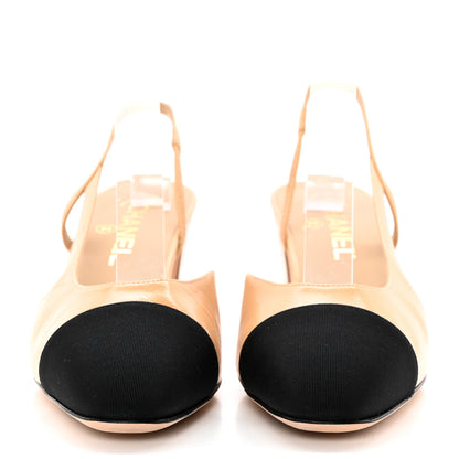 Chanel Goatskin Grosgrain Cap Toe CC Slingback Pumps 38.5 Beige Black 2 of 10