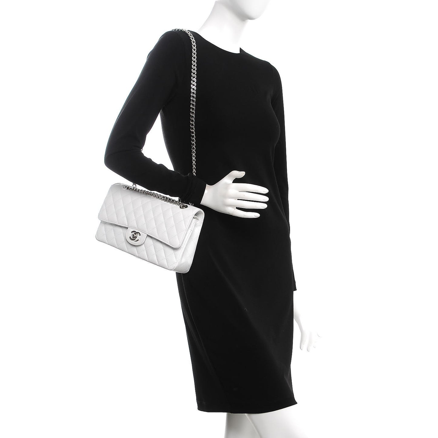 Caviar Quilted Medium Double Flap Bijoux Chain White