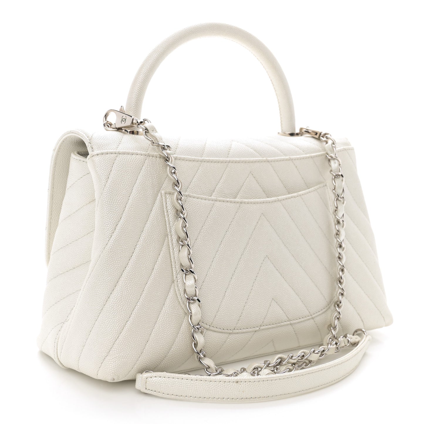 Iridescent Caviar Chevron Quilted Small Coco Handle Flap White