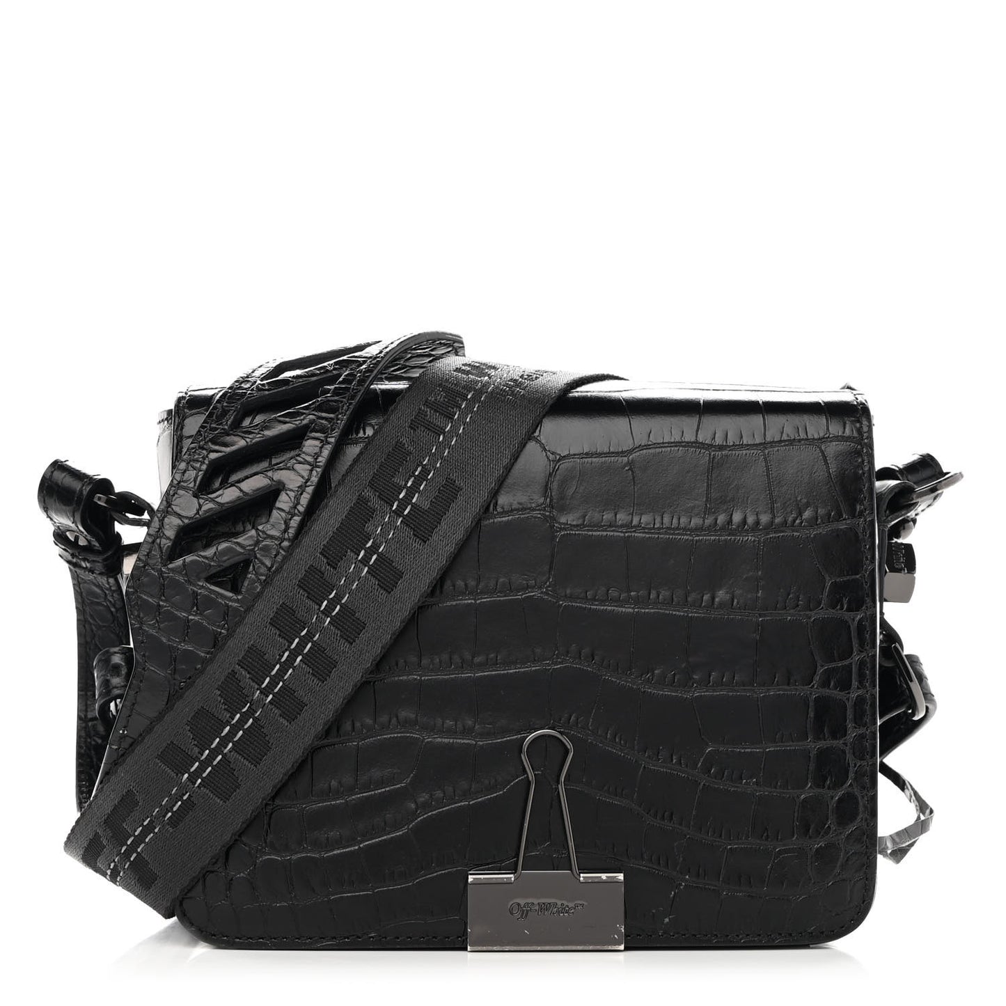 Calfskin Embossed Crocodile Binder Flap Bag Black