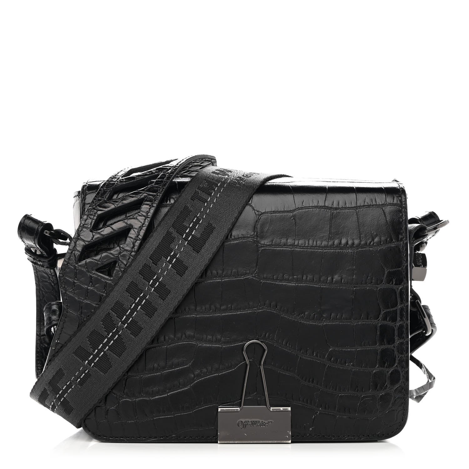 Off-White Calfskin Embossed Crocodile Binder Flap Bag Black 1 of 12
