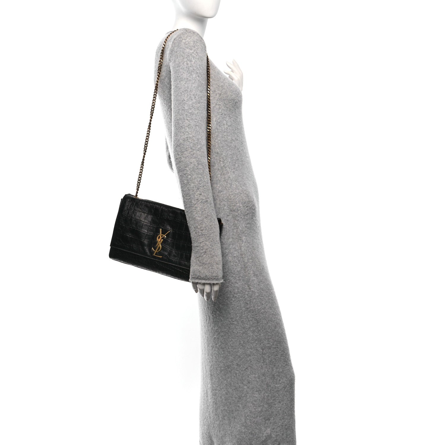 Saint Laurent Calfskin Crocodile Embossed Suede Medium Reversible Monogram Kate Satchel Military Taupe 2 of 11