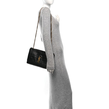 Saint Laurent Calfskin Crocodile Embossed Suede Medium Reversible Monogram Kate Satchel Military Taupe 2 of 11