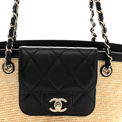 Chanel Raffia Braided Lambskin Small Shopping Tote Beige Black 9 of 11