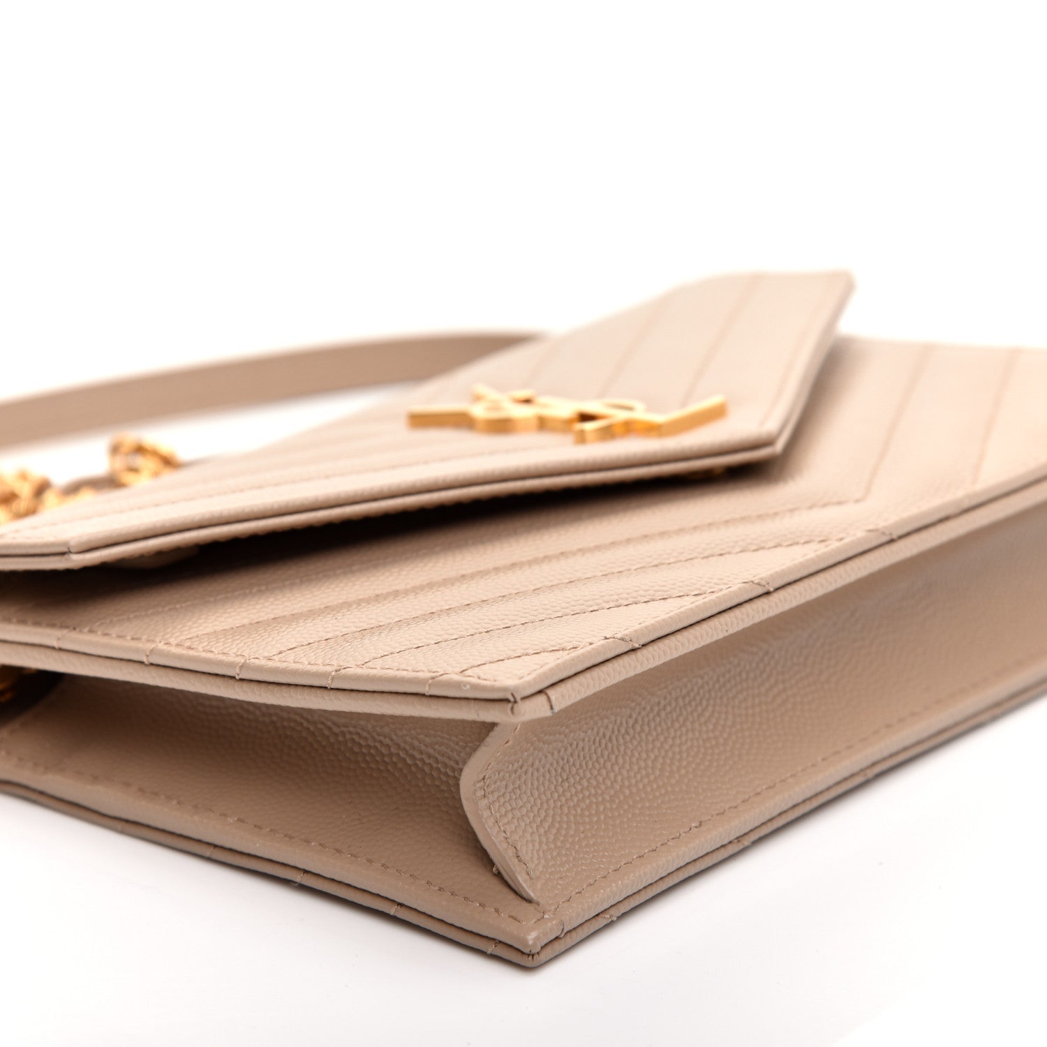 Saint Laurent Grain De Poudre Matelasse Chevron Monogram Envelope Chain Wallet Dark Beige 6 of 10