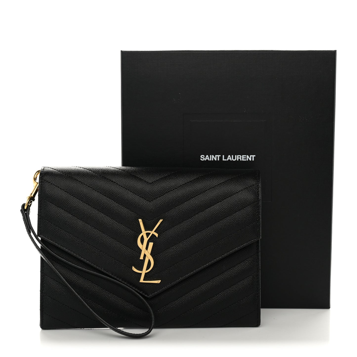 Grain De Poudre Matelasse Chevron Monogram Envelope Clutch Black