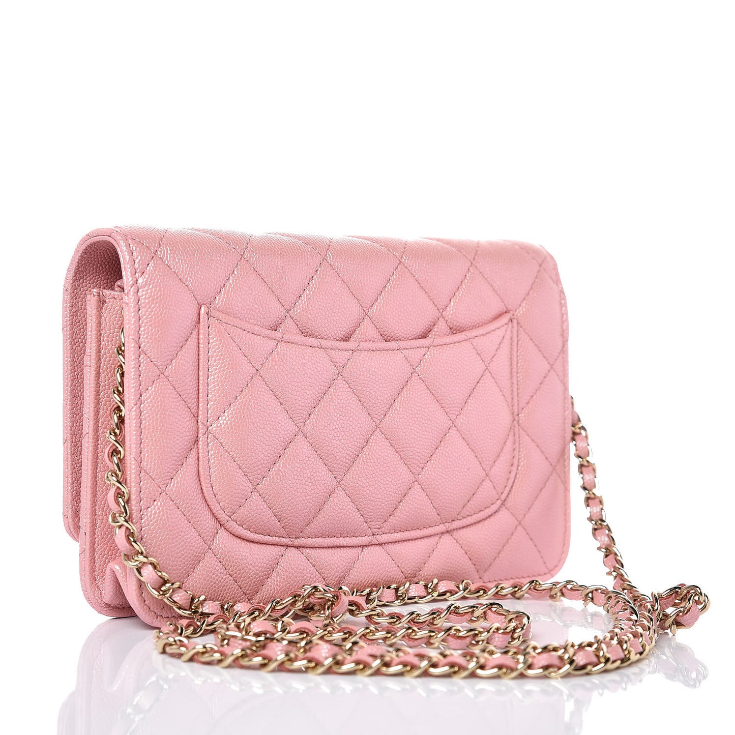 Iridescent Caviar Quilted Wallet on Chain WOC Rose Pink