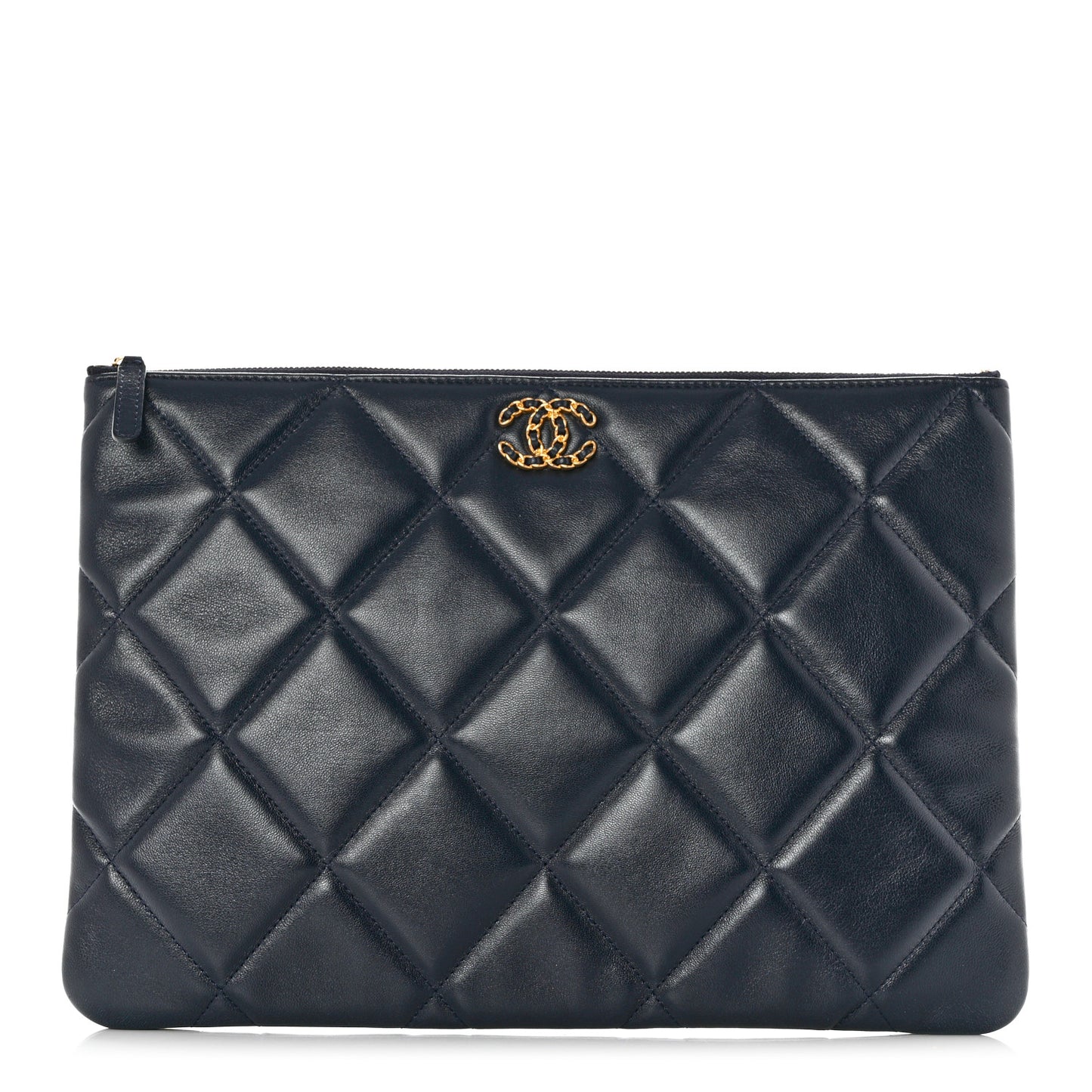 Goatskin Quilted Large Chanel 19 Pouch Navy