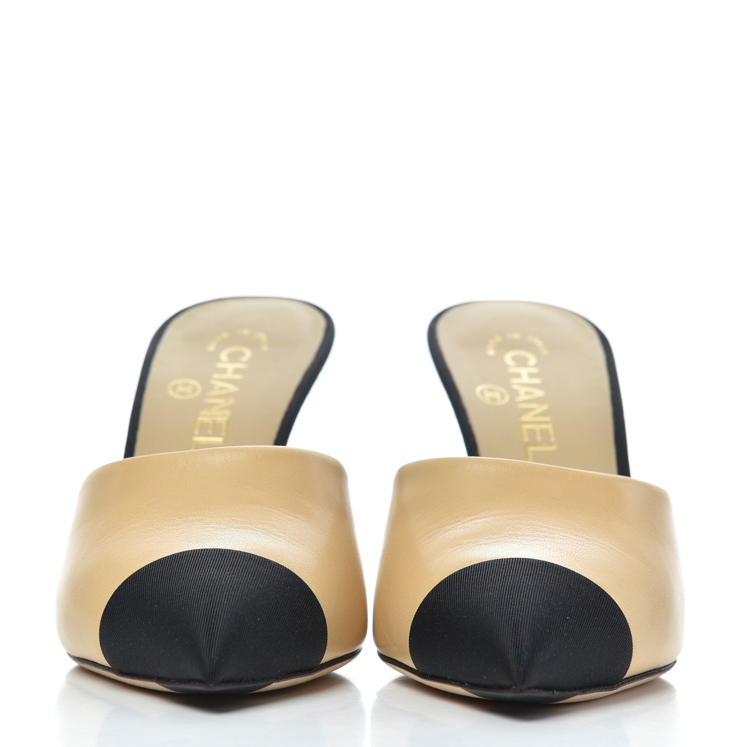 Chanel Goatskin Grosgrain Cap Toe Pearl Mule 39 Beige Black 2 of 16