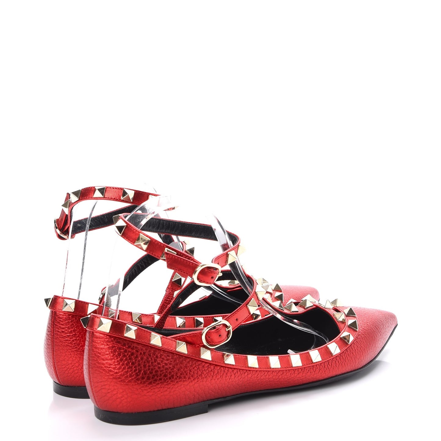 Metallic Pebbled Calfskin Rockstud Cage Ballerina Flats 38.5 Rosso Valentino