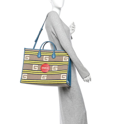Gucci Fabric Embroidered Hawaii Striped Tote Bag Blue 2 of 11