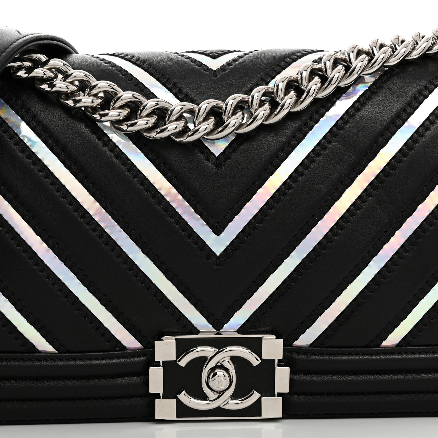 Lambskin Iridescent PVC Chevron Quilted Medium Boy Flap Black Silver