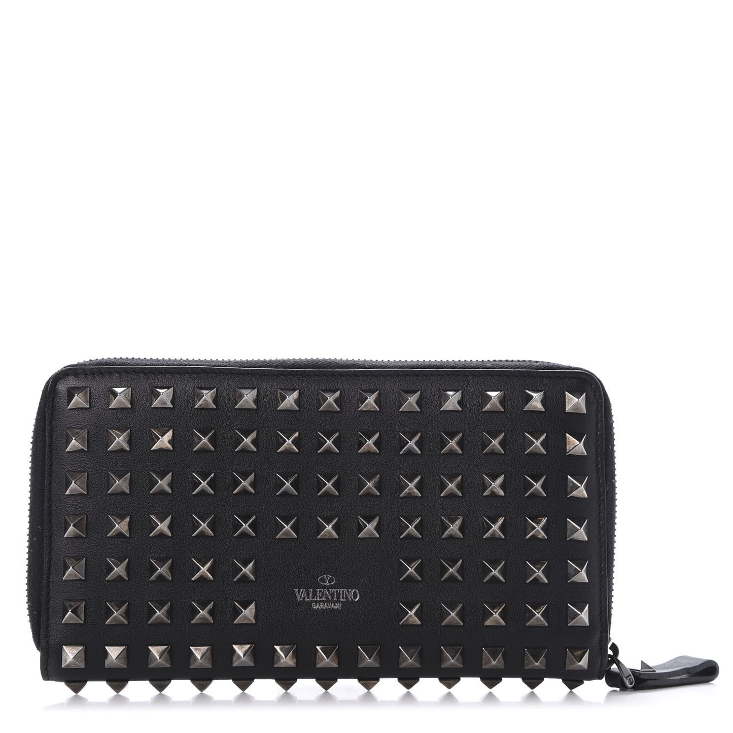 Calfskin Rockstud All Over Zip Around Wallet Black