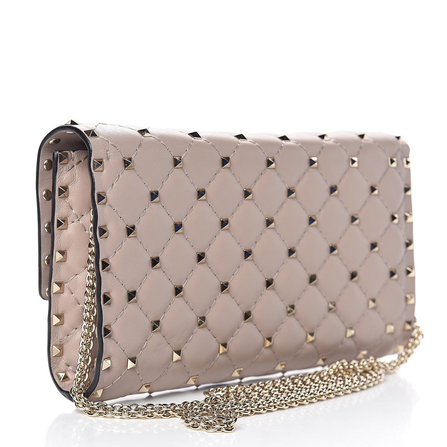 Lambskin Rockstud Spike Wallet on Chain Poudre