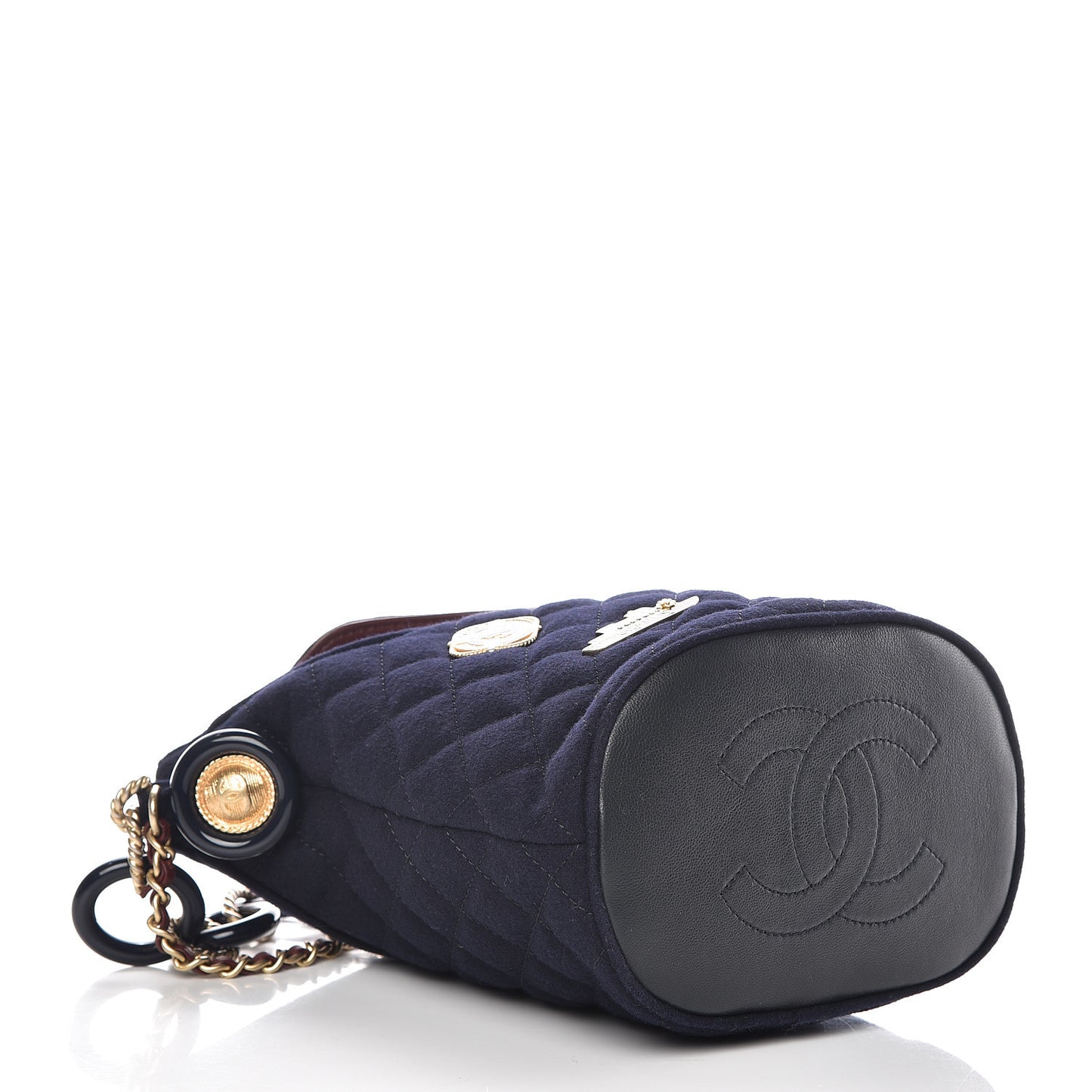 Wool Lambskin Quilted Paris Hamburg Charms Bucket Bag Dark Navy
