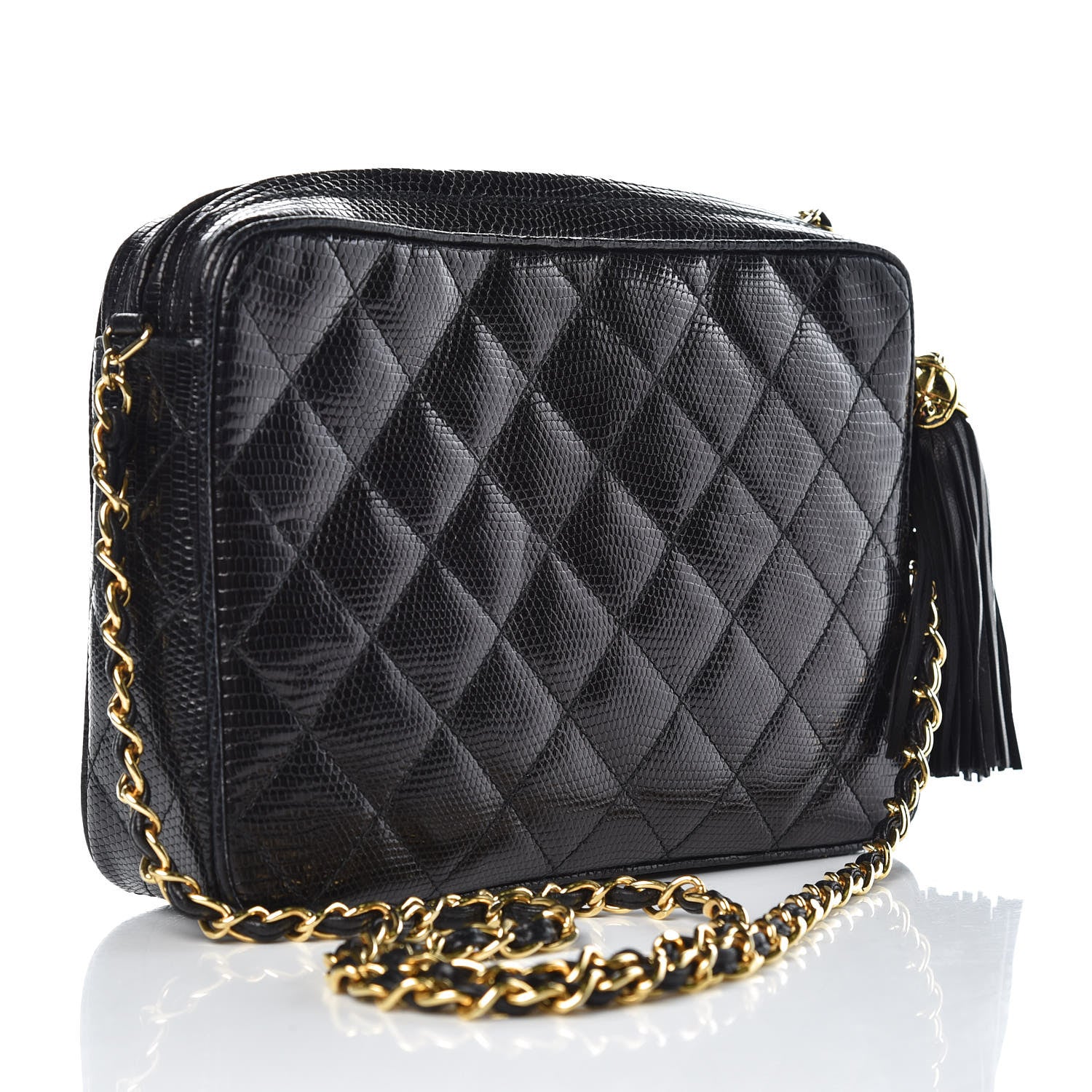 Chanel Lizard Quilted Small Tassel Camera Case Black 3 of 8