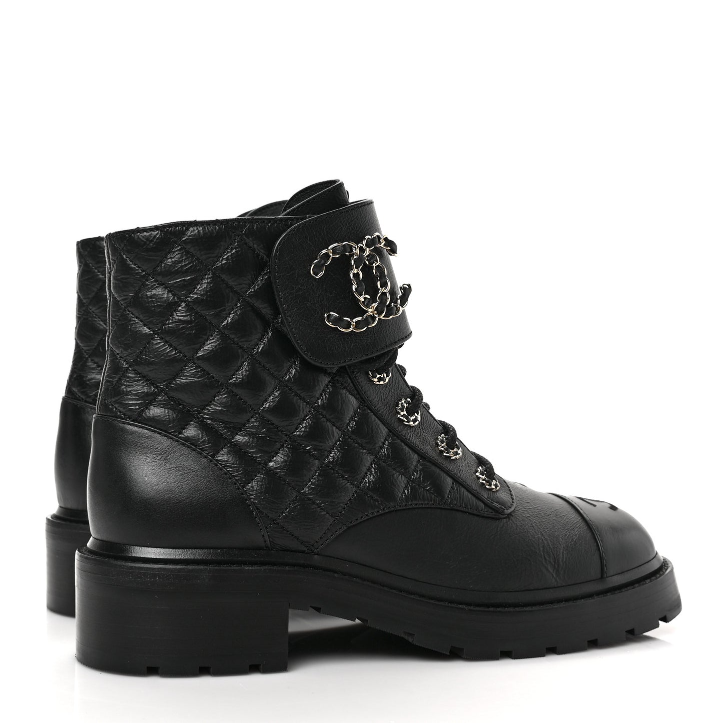 Shiny Goatskin Calfskin Quilted Lace Up Combat Boots 40 Black