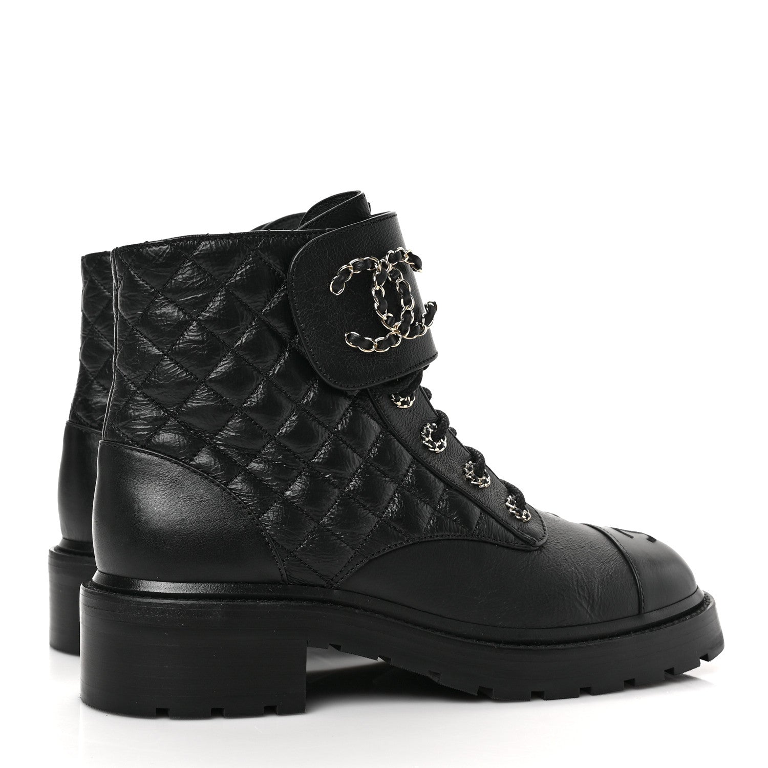 Chanel Shiny Goatskin Calfskin Quilted Lace Up Combat Boots 40 Black 4 of 7