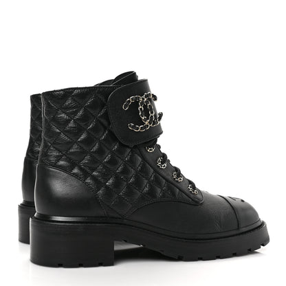 Chanel Shiny Goatskin Calfskin Quilted Lace Up Combat Boots 40 Black 4 of 7