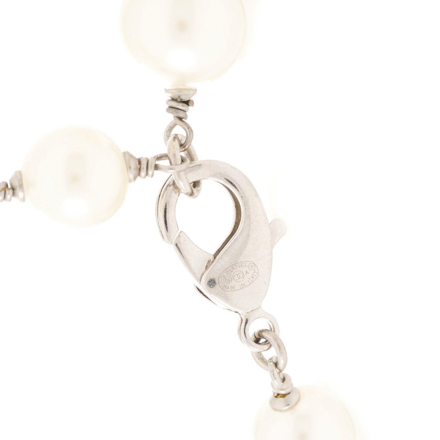 Chanel Crystal Pearl CC Camellia Charm Necklace Silver 4 of 4