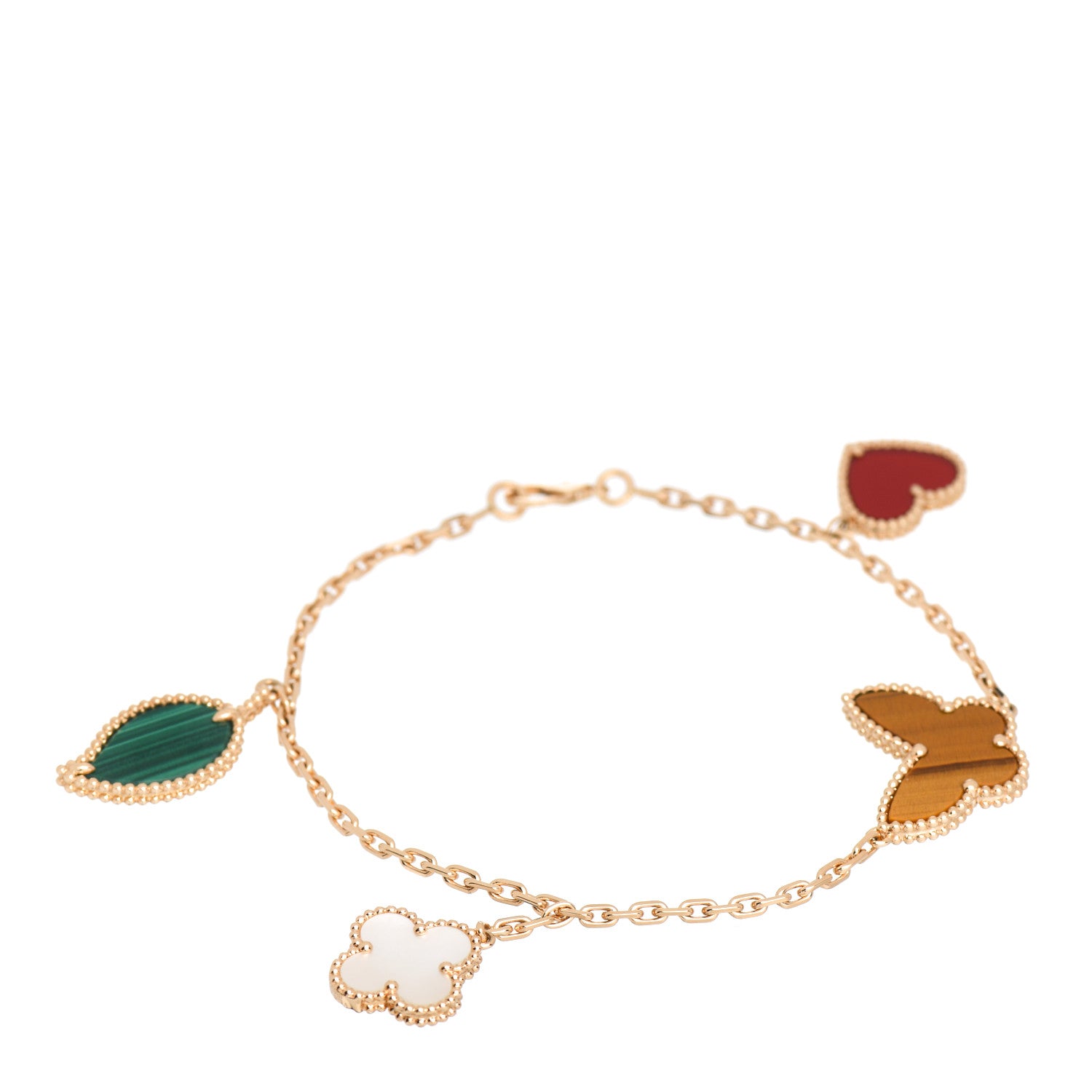 Van Cleef & Arpels 18K Yellow Gold Mother of Pearl Malachite Carnelian Tiger Eye 4 Motifs Lucky Alhambra Bracelet 1 of 5