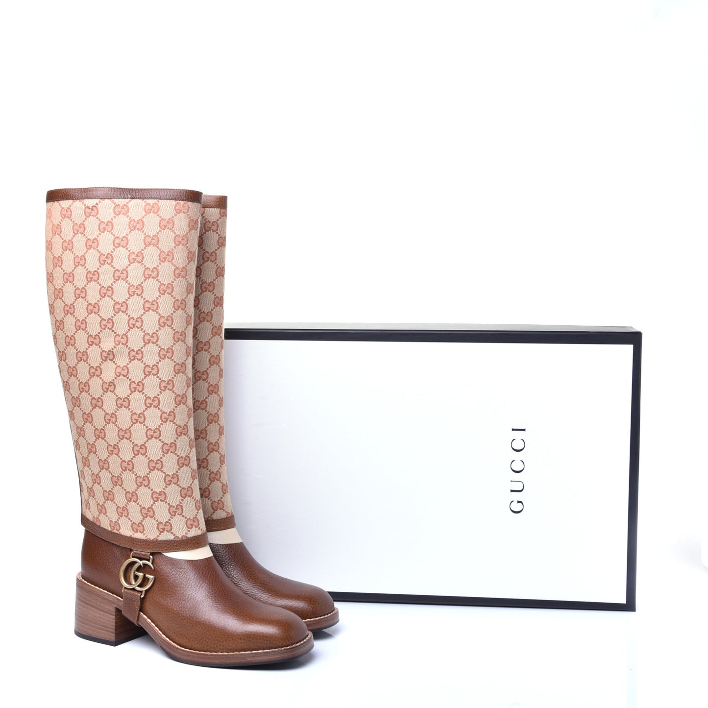 GG Monogram Calfskin Lola Tall Boots 39.5 Beige Ruggine Cuir