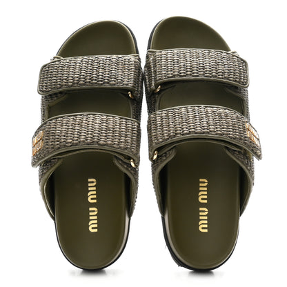 Miu Miu Raffia Logo Slide Sandals 38.5 Militare 2 of 10