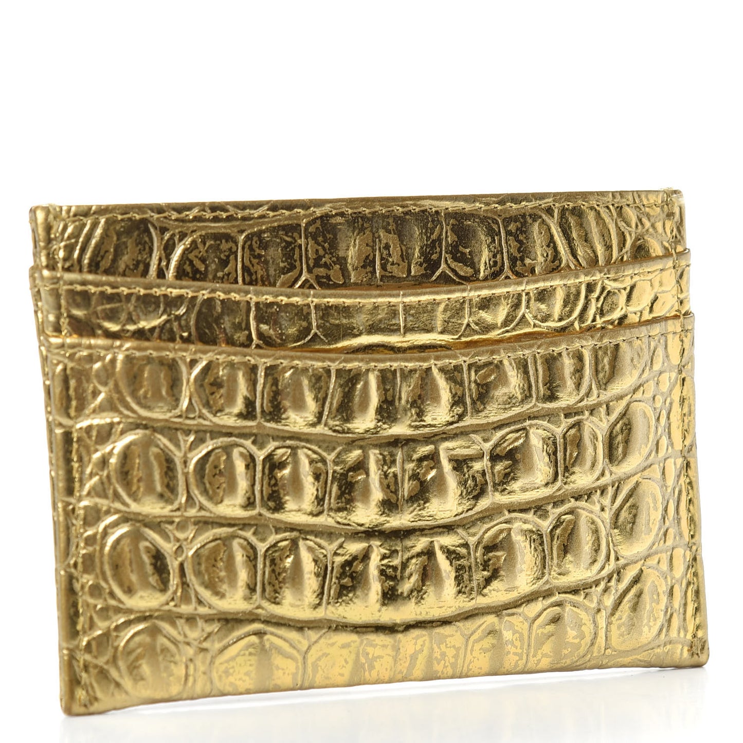 Metallic Calfskin Crocodile Embossed Cocodile Card Holder Gold