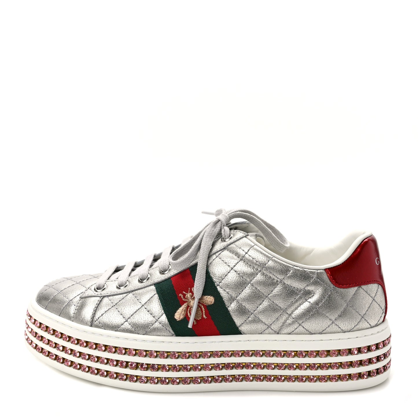 Laminated Nappa Crystal Web Bee Embroidered Trapuntata Womens Ace Platform Sneakers 38 Argento