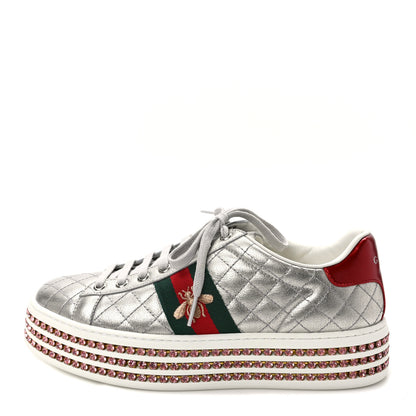 Gucci Laminated Nappa Crystal Web Bee Embroidered Trapuntata Womens Ace Platform Sneakers 38 Argento 1 of 10