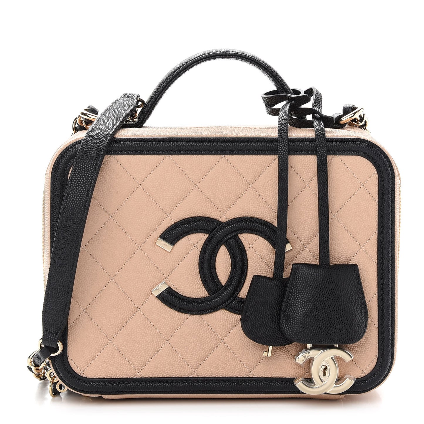 Caviar Quilted Medium CC Filigree Vanity Case Beige Black
