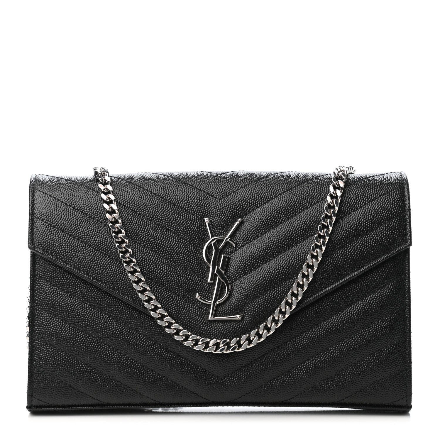 Saint Laurent Grain De Poudre Matelasse Chevron Monogram Chain Wallet Black 1 of 4